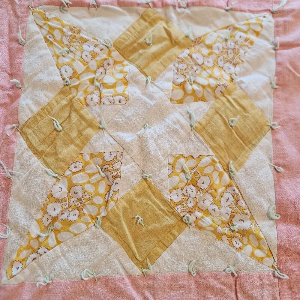 Ohio Star 1940s Feedsack Scrappy Quilt Hand Tied Vintage Folk Art Depression Era